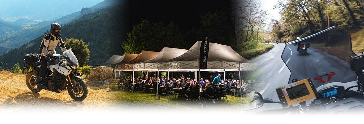 Moto-trail en montagne, soirée sous les tentes et route vue du guidon, sur les événements Cocoricorando